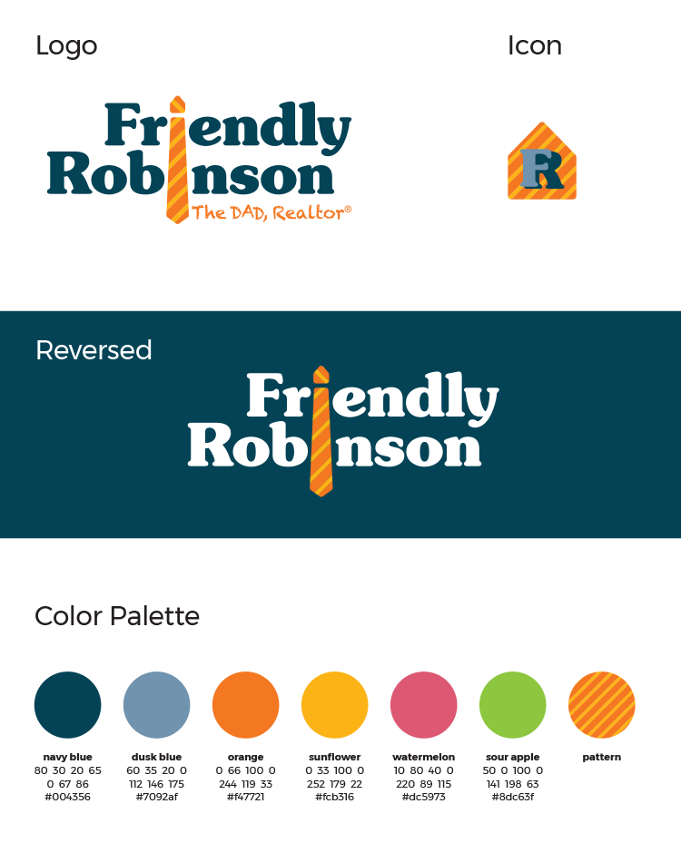 Friendly Robinson style guide showing logos and color palette.