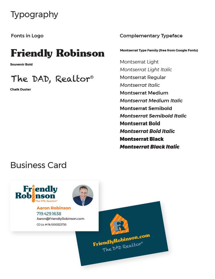 Friendly Robinson style guide showing typography and business card.