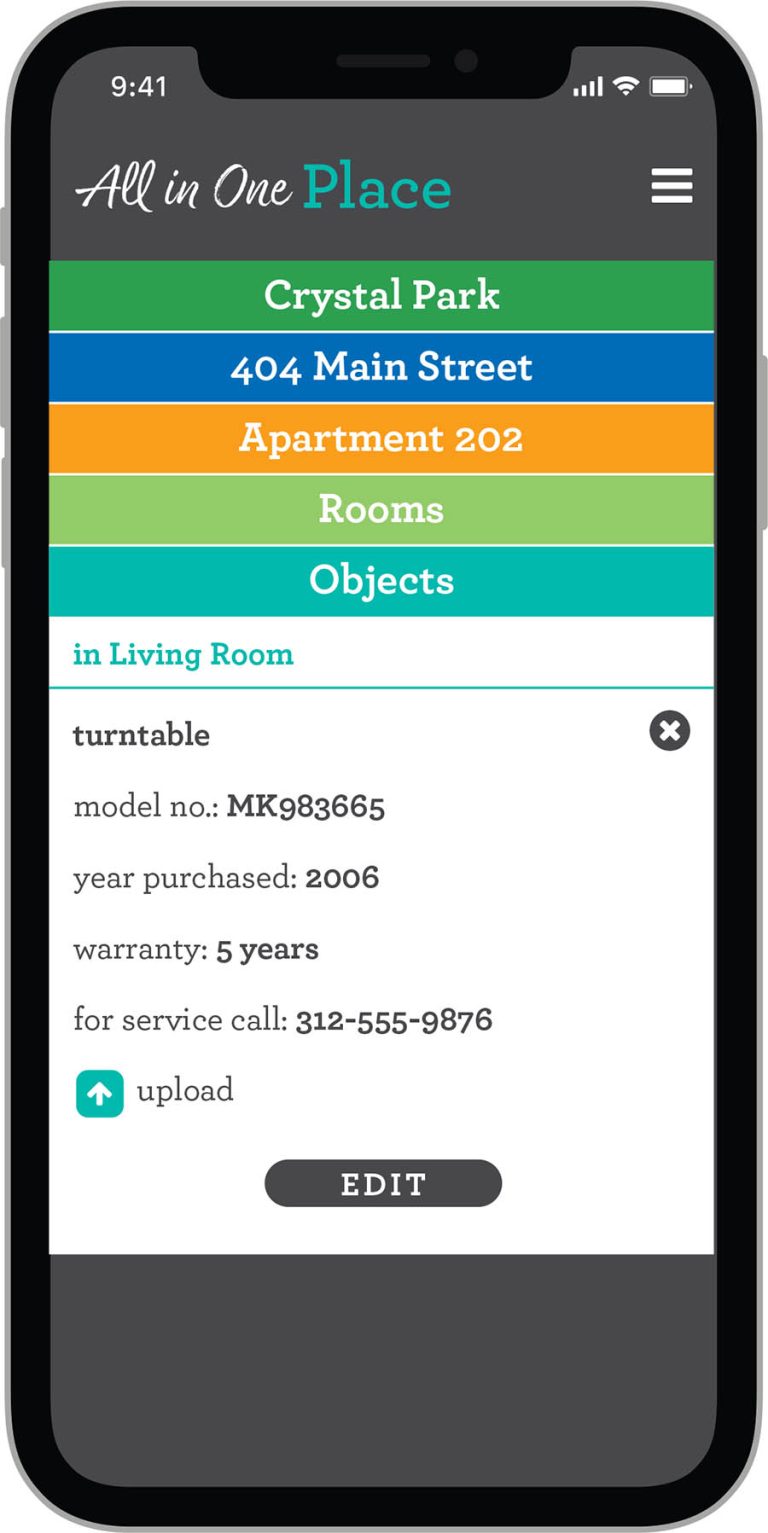 Object screen to enter information about objects in your home